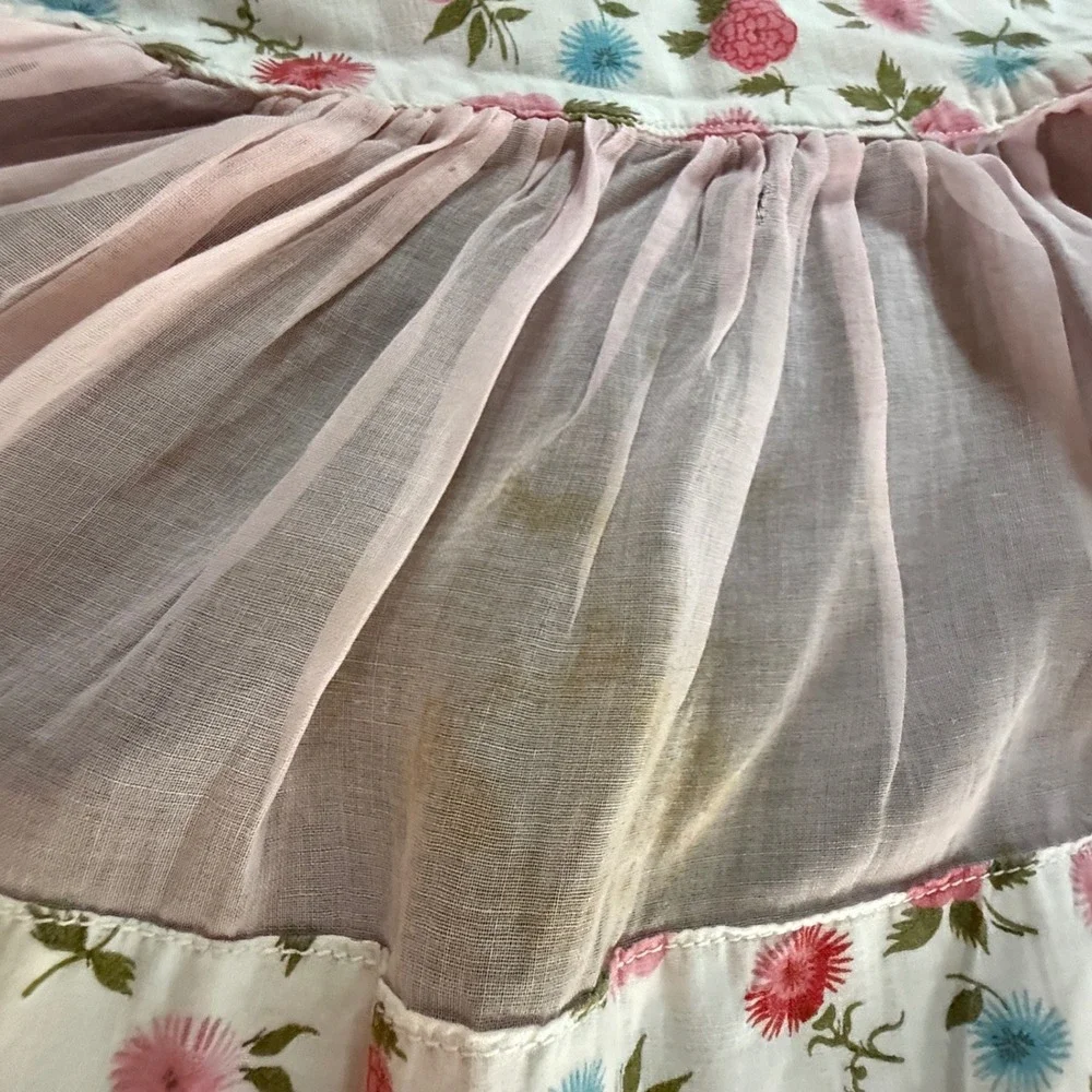 Vintage Floral Ruffle Apron Pink Sheer Full Bib Cottagecore 1950s 1960s